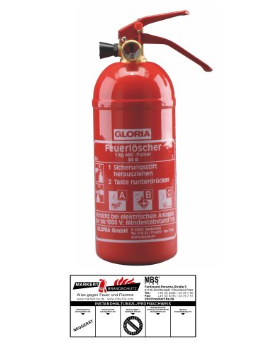 Gloria KFZ Auto-Pulverlöscher PDE1 GA, 1kg Brandklasse ABC Halterung u. Plakette